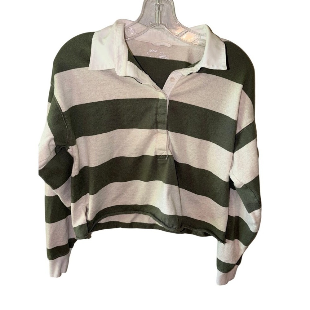 Aerie Striped Rugby Shirt Olive Green Cream Cropped Long Sleeve Polo XS/S
